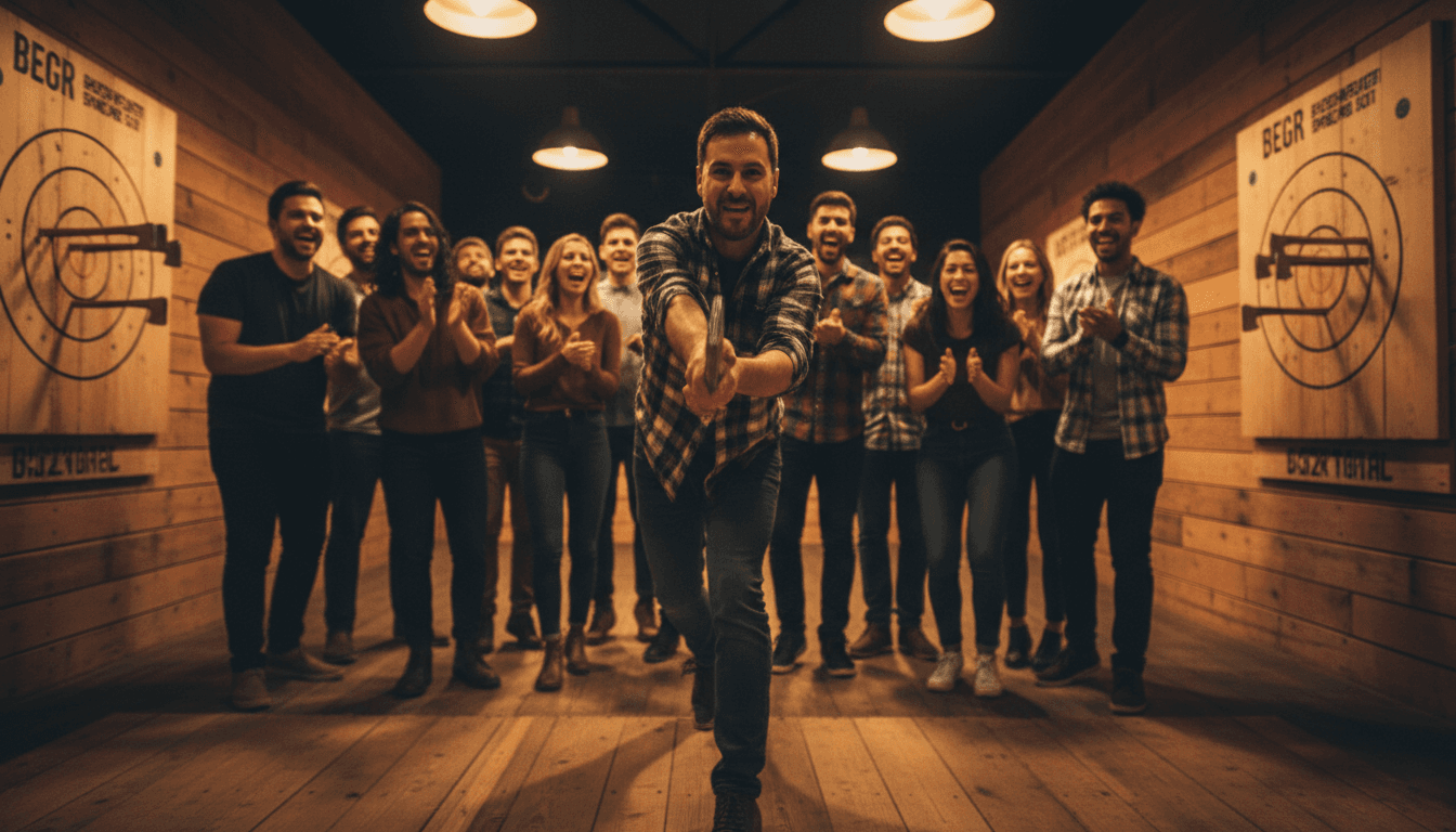 Group of friends celebrating at axe throwing venue with one person mid-throw