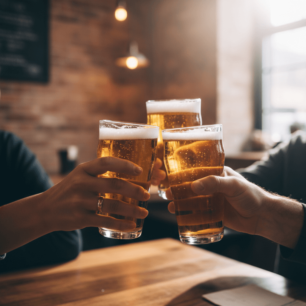 Close-up of diverse hands clinking beer glasses together in a celebratory toast at a casual bar