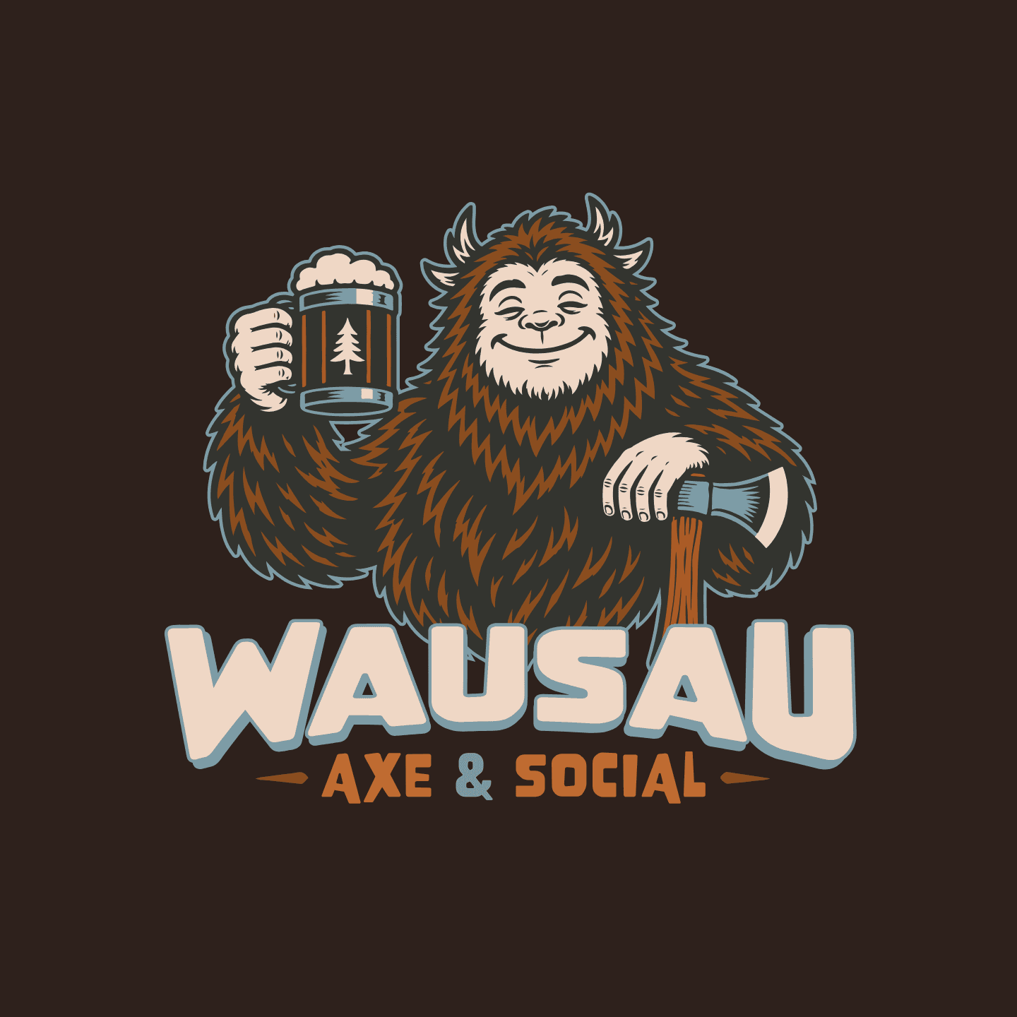 Smiling Bigfoot holding a beer mug and axe for Wausau Axe & Social logo.